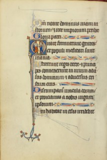 Initial H: A Deacon in Prayer before a Saint with a Book and Martyr's Palm; Ruskin Hours, about 1300 Creator: Unknown.