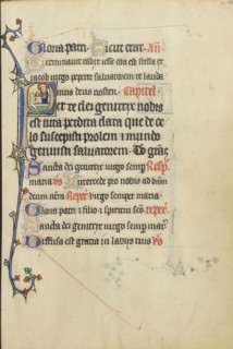 Initial P: The Virgin Mary Taking the Hand of a Person Raised from the Dead; Ruskin Hours,about 1300 Creator: Unknown.