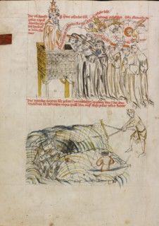 Pope Clement Entering Saint Hedwig's Name on the Register of Saints; Men Fishing in a Pond..., 1353. Creator: Unknown.