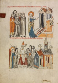 Saint Hedwig Offering Hospitality: Saint Hedwig Presenting Her Daughter Gertrude to the..., 1353. Creator: Unknown.