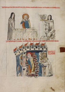 Saint Hedwig Listening to a Reading: Saint Hedwig Praying; Vita beatae Hedwigis, 1353. Creator: Unknown.