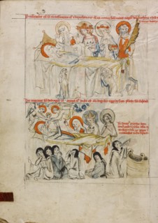 Saint Hedwig on Her Sickbed Surrounded by Saints; The Death of Saint Hedwig and Her Soul..., 1353. Creator: Unknown.
