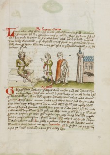 A Crowned Judge Enthroned Speaking to a Man with a Black Bird; Fables, third quarter of 15th century Creator: Unknown.