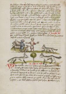 A Shepherd with his Dog and Flock: A Man Chasing Away a Wolf; Fables, third quarter of 15th century. Creator: Unknown.