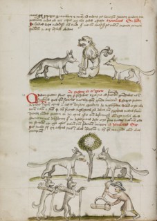 Fox and Wolf before a Lion: Two Wolves under a Tree Dragging Bales..., third quarter of 15th cent. Creator: Unknown.