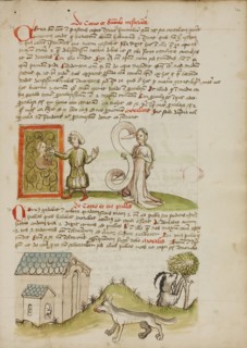 A Man Painting a Picture of his Wife: A Wolf before a House with..., third quarter of 15th century. Creator: Unknown.