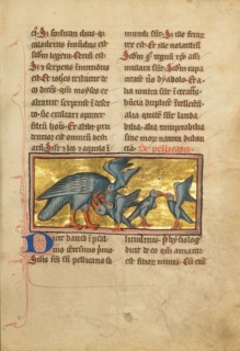 A Pelican Feeding her Young; De Natura Avium; De Pastoribus et Ovibus; Bestiarium, 1277 or after. Creator: Unknown.