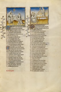 The God of Love Giving a Crosier and a Miter to Genius: Genius Reading a Scroll..., about 1405. Creator: Unknown.