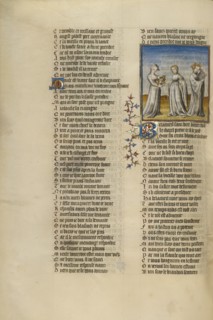 The Personification of Old Age Giving a Garland to Good Reception; Roman de la Rose, about 1405. Creator: Unknown.