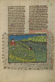Hunters with Bells Driving Hares into a Net; Livre de la Chasse, about 1430-1440. Creator: Unknown.