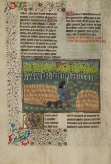 A Hunter and a Dog Tracking between a Field and a Forest; Livre de la Chasse, about 1430-1440. Creator: Unknown.