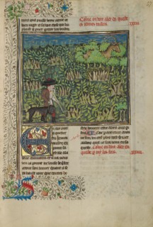 A Hunter and a Dog Tracking in a Copse; Livre de la Chasse, about 1430-1440. Creator: Unknown.