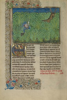 A Hunter and a Dog Tracking in a Thicket; Livre de la Chasse, about 1430-1440. Creator: Unknown.
