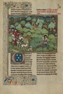 Hunters Pursuing a Deer; Livre de la Chasse, about 1430-1440. Creator: Unknown.