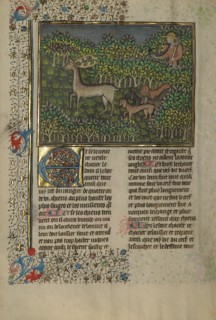A Hunter and Dogs Pursuing a Fallow Deer; Livre de la Chasse; A Deer Hunt, about 1430-1440. Creator: Unknown.