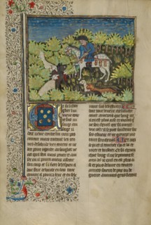 A Hunter and Dogs Killing a Wild Boar; Livre de la Chasse, about 1430-1440. Creator: Unknown.