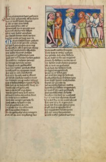 Simeon Taken Prisoner While Joseph's Other Brothers Return to Canaan; Weltchronik, about 1400-1410. Creator: Unknown.
