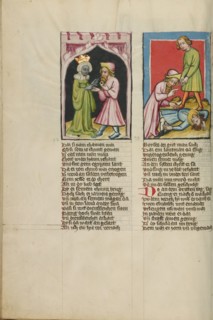 Moses Leaves Tabris, the King's Daughter, with a Magic Ring: Moses Killing an..., about 1400-10. Creator: Unknown.