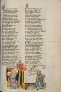 An Angel Confirming Mary's Faithfulness to Joseph; Weltchronik, about 1400-1410. Creator: Unknown.