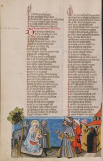 The Duke Aphrodisius before the Holy Family; Weltchronik, about 1400-1410. Creator: Unknown.