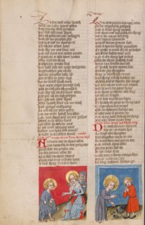 Jesus before Mary and Joseph: Jesus and a Child with a Broken Jug; Weltchronik, about 1400-1410. Creator: Unknown.