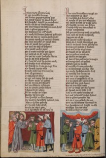 The Healing of the Blind: The Healed Man before the Israelites; Weltchronik, about 1400-1410. Creator: Unknown.