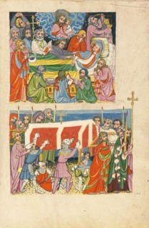 The Death of the Virgin: The Punishment of the Mockers; Weltchronik, about 1400-1410. Creator: Unknown.