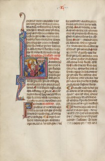 Initial L: A Man Clubbing Another Man before a Judge; Vidal Mayor, about 1290-1310. Creator: Unknown.