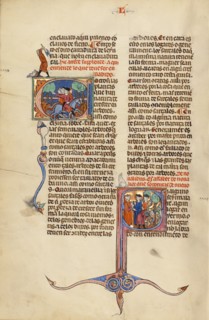 Initial E: Riders on Horseback: Initial S: A Judge and Men with Axes in a Vineyard, about 1290-1310. Creator: Unknown.