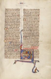 Initial E: A Man with Children before a Judge and An Old Man in his Sickbed..., about 1290-1310. Creator: Unknown.
