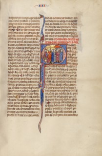 Initial Q: Three Men Standing before a Judge and Pointing to Two Men in..., about 1290-1310. Creator: Unknown.
