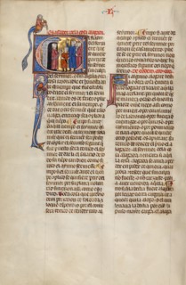 Initial E: Three Men and a Boy Meeting Another Man in his Doorway; Vidal Mayor, about 1290-1310. Creator: Unknown.