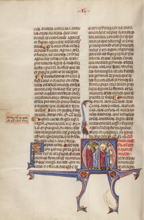 Initial M: A Man Giving Money to Another Man and Two Men Fighting; Vidal Mayor, about 1290-1310. Creator: Unknown.