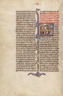 Initial R: Two Men Transacting the Sale of a Horse and Four Men before a Judge, about 1290-1310. Creator: Unknown.