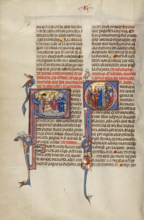 Initial S: Two Men Shaking Hands after a Sale of Sheep: Initial Q: Three Men..., about 1290-1310. Creator: Unknown.