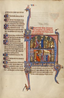 Initial N: A Man Emptying a Money Purse into a Woman's Mantle and A Woman..., about 1290-1310. Creator: Unknown.