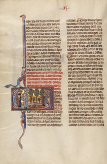 Initial C: Two Men Speaking to Two Youths and A Man Lying on the Ground while..., about 1290-1310. Creator: Unknown.