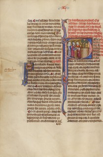 Initial P: An Older Man Meeting a Couple and a Child; Vidal Mayor, about 1290-1310. Creator: Unknown.