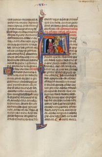 Initial A: A Man Placing his Hand on the Head of a Kneeling Man; Vidal Mayor, about 1290-1310. Creator: Unknown.