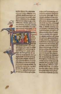 Initial A: Two Men Speaking before a Judge in the Presence of a Notary; Vidal Mayor, about 1290-1310 Creator: Unknown.