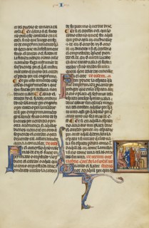 Initial Q: Three Men with a Purse before a Judge; Vidal Mayor, about 1290-1310. Creator: Unknown.