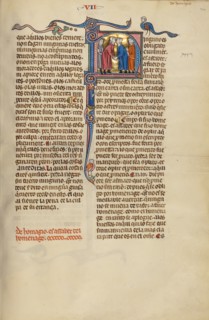 Initial N: Two Men Shaking Hands and Kissing; Vidal Mayor, about 1290-1310. Creator: Unknown.