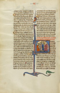 Initial N: Two Men with Lances Standing before Two Men; Vidal Mayor, about 1290-1310. Creator: Unknown.