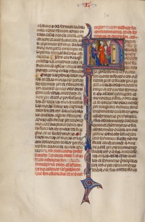 Initial N: Two Men Standing before a Judge Emptying a Money Purse; Vidal Mayor, about 1290-1310. Creator: Unknown.