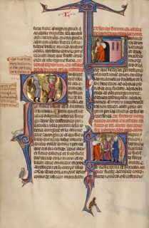 Initial Q: Two Men Fighting with Clubs: Initial L: A Man Leaving a House with..., about 1290-1310. Creator: Unknown.