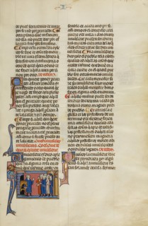 Initial U: A Man with a Horse Greeting a Group of Men; Vidal Mayor, about 1290-1310. Creator: Unknown.