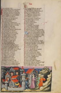 Rehab Hiding the Spies in Jericho; Weltchronik, about 1400-1410. Creator: Unknown.
