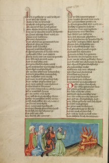 Nimrod and his Companions Venerating Fire; Weltchronik, about 1400-1410. Creator: Unknown.