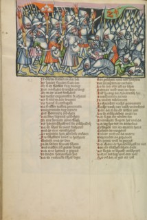 Gideon Attacking the Midianites at Night; Weltchronik, about 1400-1410. Creator: Unknown.
