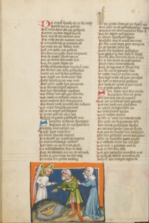 Manoah and His Wife Offering a Meal to the Angel; Weltchronik, about 1400-1410. Creator: Unknown.
